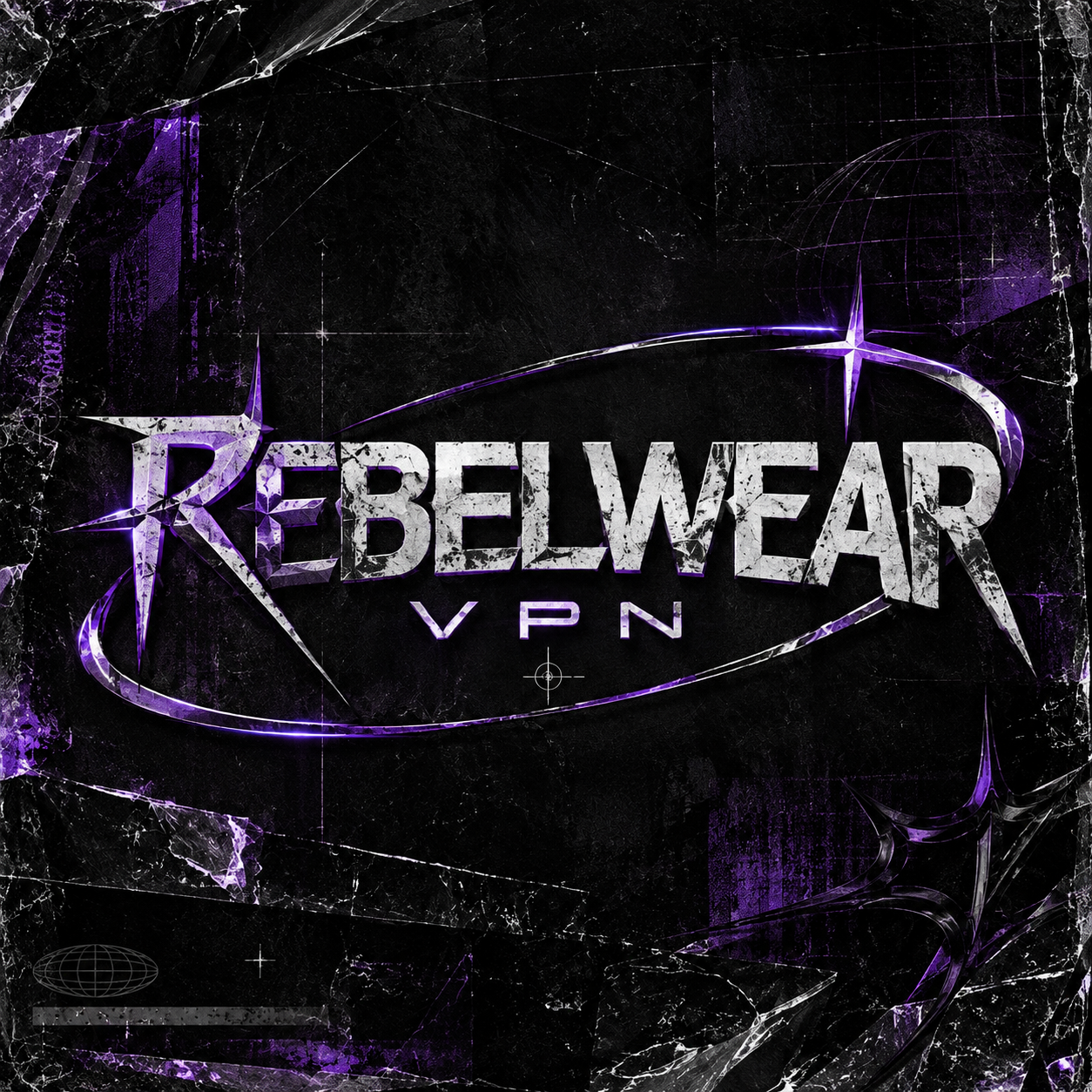 Логотип Rebelwear VPN: серебряная надпись на чёрном фоне с фиолетовым неоном